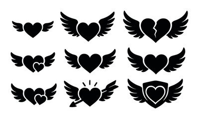 Collection of heart symbols with wings and arrows silhouettes