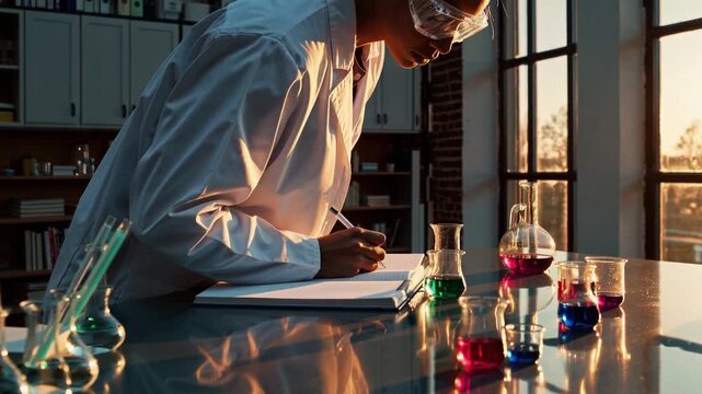 Scientist conducts experiments in a laboratory with colorful liquids and natural light during late afternoon