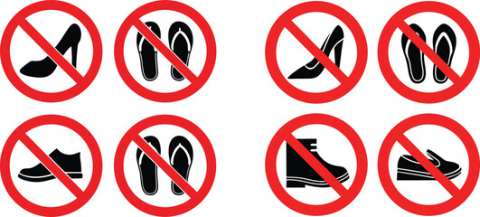Red prohibition signs showing different footwear shoes