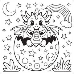 Baby dragon black and white coloring pages for teens and adults.