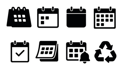 Set of calendar and reminder icons with recycling symbol on dark background