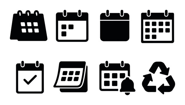 Set of basic calendar and scheduling icons in gray gradient design