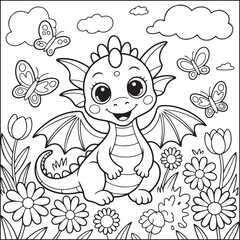 Baby dragon black and white coloring pages for teens and adults.