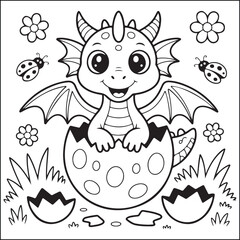 Baby dragon black and white coloring pages for teens and adults.