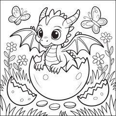 Baby dragon black and white coloring pages for teens and adults.