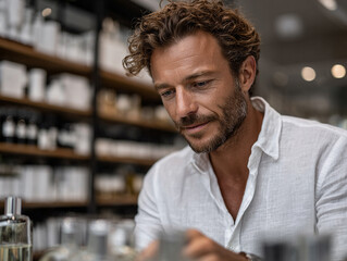 Guy testing scents on wrist at high-end beauty store, elegant display background