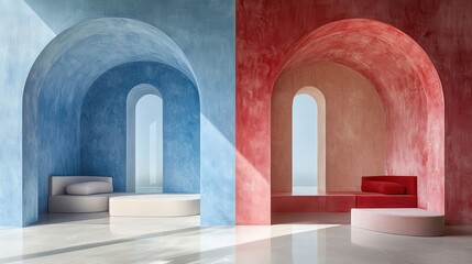 Modern Minimalist Interior with Red and Blue Arched Walls and Sofas