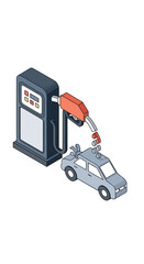 Fototapeta premium Isometric illustration of a gas pump dispensing coins into a car, symbolizing high fuel costs and financial burden.