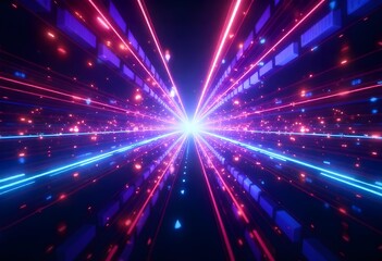 Naklejka premium Abstract background with glowing neon lines in blue, purple, and pink colors, converging towards a central point of light, creating a futuristic tunnel effect