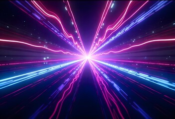 Naklejka premium Abstract background with glowing neon lines in blue, purple, and pink colors, converging towards a central point of light, creating a futuristic tunnel effect