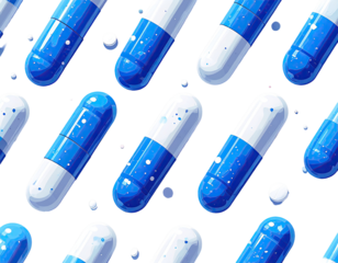 A repeating pattern of stylized,  blue and white pills.  Gleaming,  pixelated capsules.  Scattered,  small,  white and light-blue highlights