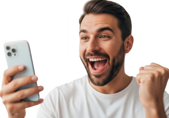 Excited man celebrates success while holding smartphone showing online game win transparent background