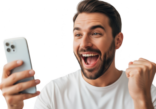 Excited man celebrates success while holding smartphone showing online game win transparent background