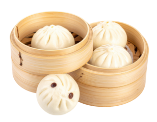 Steamed buns in bamboo steamer baskets.