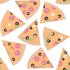 seamless pattern with pieces of pizza with salami and mushrooms, cheese 
