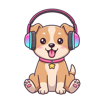 Cute Cartoon Dog Listening to Music with Headphones PNG

