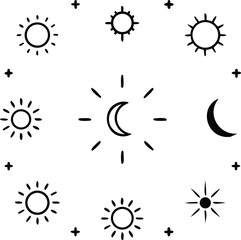 Sun and moon icons set. Dark and light mode symbol. Daytime sunset, sun, moon icon set.