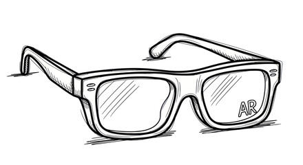 Stylish Rectangular Eyeglasses with Thick Frames and AR Lettering on the Right Lens.