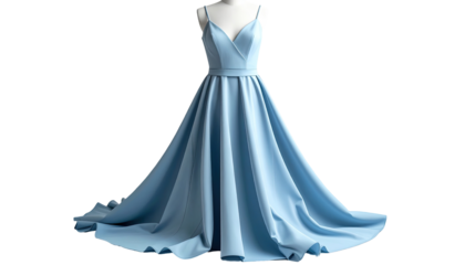 Light blue, satin, v-neck maxi dress on mannequin