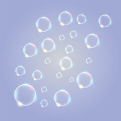 Realistic soap vector bubbles on coloring background. The effect of falling and flying bubbles. Glass bubble effect.