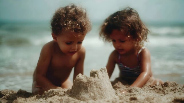 Two young children building a sandcastle on a beach with the sea in the background - Powered by Adobe