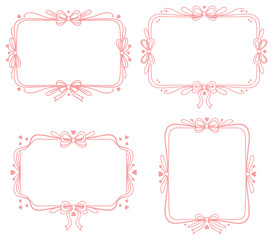 Four pink frames with bows and hearts arranged on a white background in a symmetrical composition vector illustration