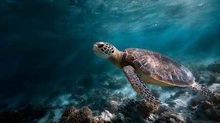 Fototapeta premium A majestic sea turtle glides through clear tropical waters above a vibrant coral reef ecosystem illuminated by sun rays