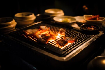 Samgyeopsal (삼겹살) : Grilled meat on a barbecue with side dishes in a dimly lit setting.
