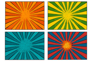 Retro colorful rays background with comic style halftone gradient pop art vector illustration set with transparent background in vibrant orange, green, blue, and red designs