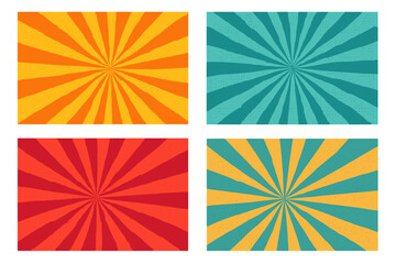 Retro comic rays background set with vibrant color gradients, halftone dots, pop art style sunburst radiating stripes, transparent background, vector illustration for design