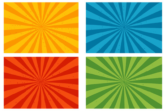 Colorful retro rays background set, comic style vector illustration with gradient, halftone texture and pop art influence, vibrant orange, blue, red, green panels, transparent design for versatile use