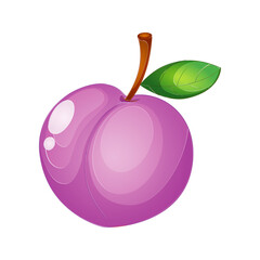 A single ripe purple plum with a green leaf and stem isolated on a black background