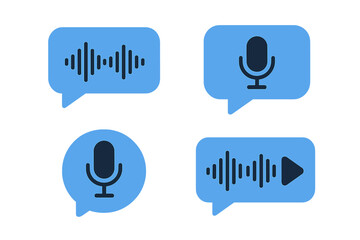 Social media audio message icons set with voice message microphone symbols and sound wave visualizations in blue chat bubbles, vector illustration digital communication concept