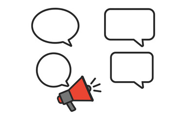 Megaphone announcing speech bubbles vector set. Flat illustration with blank talk and chat bubbles communication icons, dialogue, speech, announcement, message, conversation transparent background