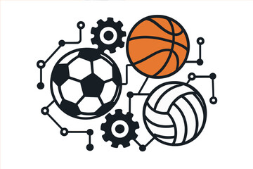 Sport mechanism concept with football, basketball, volleyball, interconnected balls and gears, technology and sports integration, abstract vector illustration, digital sports network, ball sport icons