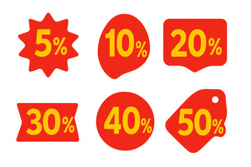 Super Sale Discount Labels Vector Illustration with Red and Yellow 5%, 10%, 20%, 30%, 40%, 50% Off Symbols, Special Offer Shopping Tags, Sale Banner Graphics, Retail Promotion