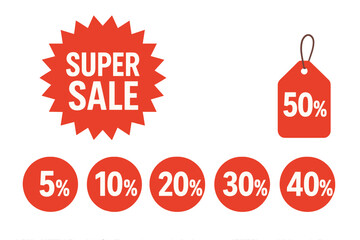 Super Sale Discount Symbols with 5%, 10%, 20%, 30%, 40%, 50% Percent Off Tags and Labels, Special Offer Vector Illustration for Shopping Promotions