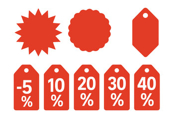 Super Sale Discount Percentage Tags, Special Offer Price Labels with 5%, 10%, 20%, 30%, 40% Red Sale Tags, Shopping Labels, Vector Illustration for Promotions and Discounts