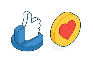 Isometric Thumbs Up and Heart Icon, Empathetic Social Media Emoji Reactions, Vector Illustration with Printed Paper Style on White Background, Digital Like Love Symbols