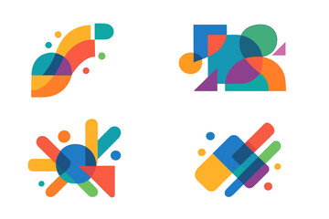 Colorful geometric abstract vector backgrounds on white. Set of vibrant transparent shapes compositions with circles, squares, triangles, overlays, and modern minimalistic design elements.