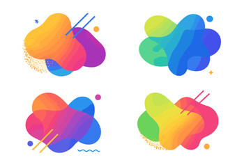 Colorful abstract liquid shapes with vibrant gradient backgrounds, dynamic modern fluid design elements, bright soft transparent forms, creative artistic splash set on white