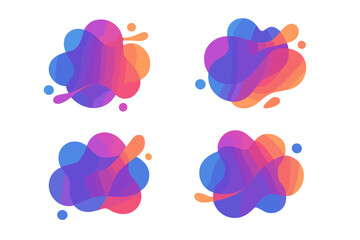 Vibrant colorful abstract fluid shapes set on white background, translucent vector illustration with gradient blue, purple, pink, and orange blobs, modern graphic design elements
