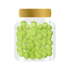 A clear glass jar filled with many round green peas and a golden cap on a black background