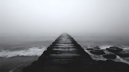 A concrete pier stretches into a dense fog over the ocean creating a moody and atmospheric scene