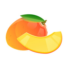 Vibrant orange mango with a delicious slice and green leaf isolated on black background
