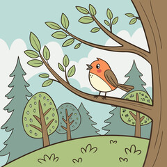 Cartoon robin on a tree branch in a forest landscape with trees