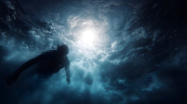 Underwater view of a silhouetted swimmer ascending towards the sunlit ocean surface with dynamic water movement - Powered by Adobe