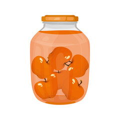 A glass jar filled with whole ripe apricots preserved in sweet syrup on a black background