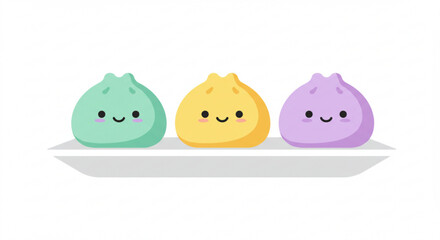 Cute pastel bao buns on a plate with smiling faces  