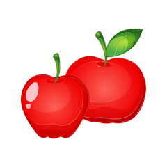 Two bright red apples with green stems and one leaf on a black background